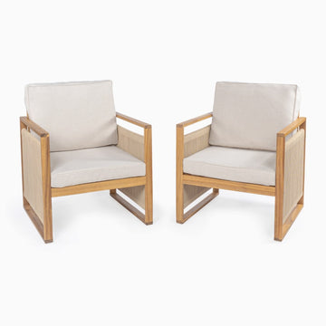 Gable Mid-Century Modern Roped Acacia Wood Outdoor Patio Chair with Cushions - JONATHAN Y